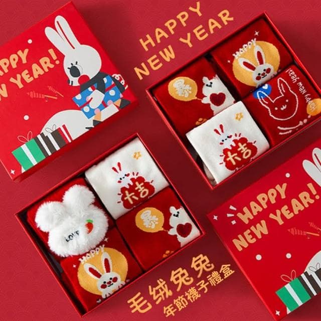 新年禮盒 過年襪子 紅色襪子 新年襪 兔子襪子 新年禮物 交換禮物 中筒襪  GO18