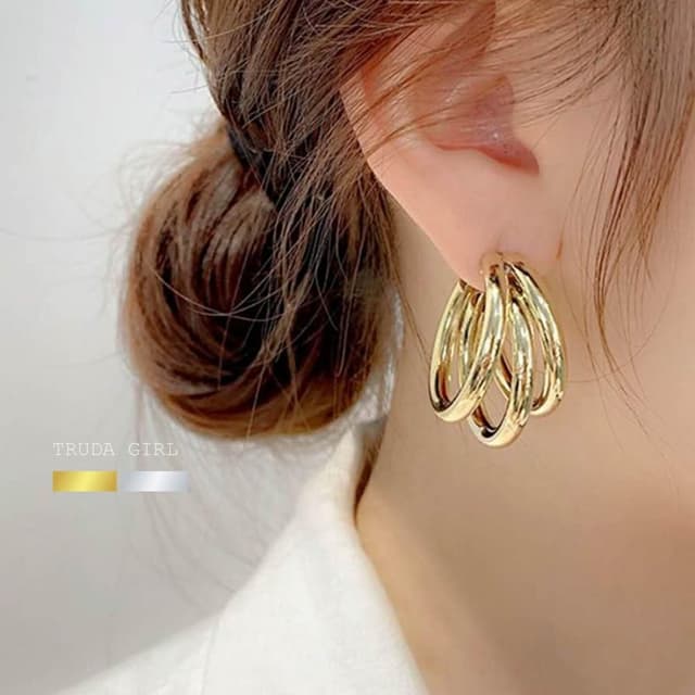 《杜達女孩》歐美大膽三圈幾何線條耳環 三環管圈圈耳針 圓圈耳環 C型耳環 多層次耳環 半圓耳環 圓型耳環 耳釘耳環 飾品