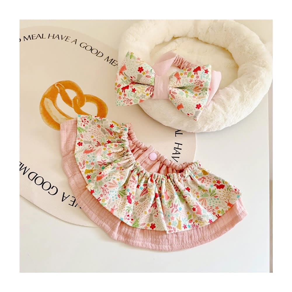 【Lianne baby】粉薄荷草兔天然染色荷葉圍兜+髮帶嬰兒禮物滿月禮(彌月禮盒 滿月禮 收涎禮週歲禮 嬰兒禮物)