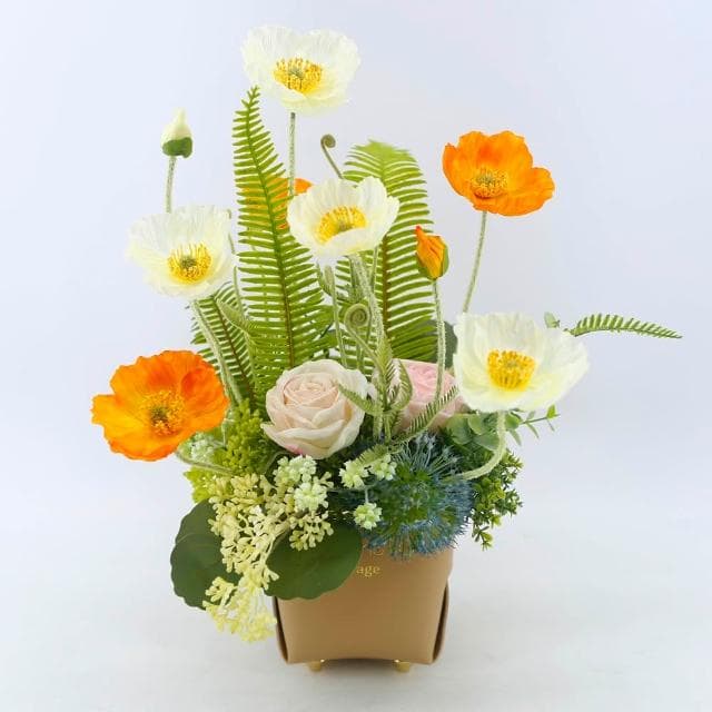 【HUGO DECO 榆果傢飾】橘白虞美人皮革盆香氛花藝(擬真花/香氛/花禮/端午節/送禮/送花)