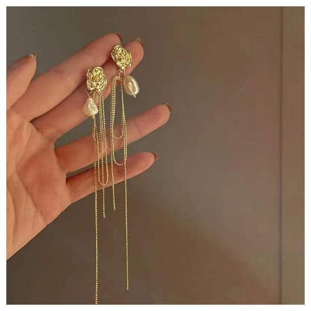 【HaNA 梨花】韓國送妳一朵玫瑰花．巴洛克天然珍珠垂落耳環