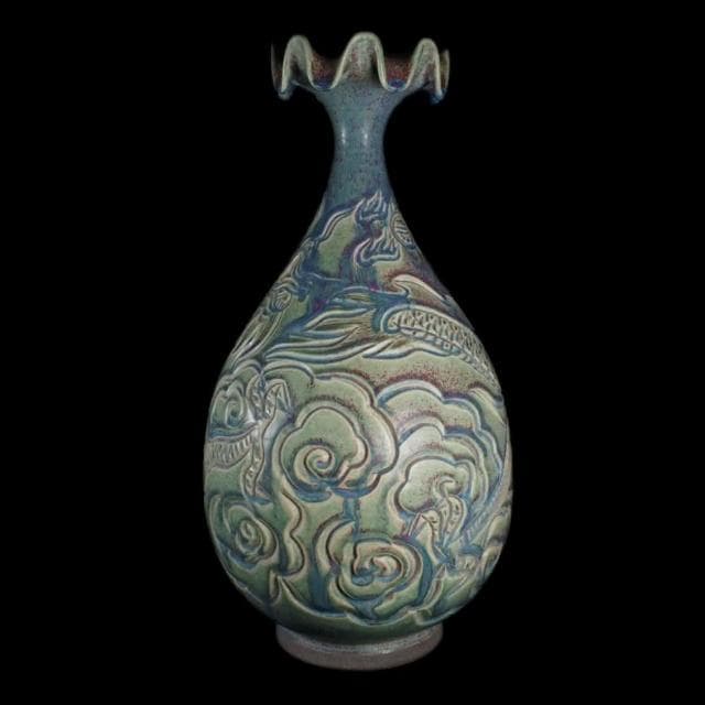 《博古珍藏》宋 鈞窯天藍釉刻雲龍紋玉壺春瓶 高39公分 早期收藏 老件花瓶瓷器 博物館級文物