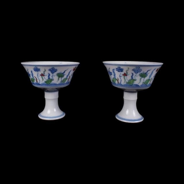 《博古珍藏》明成化 鬥彩斗彩海藻紋高足杯一對 紅胎 早期收藏 老件茶具瓷器 博物館級文物