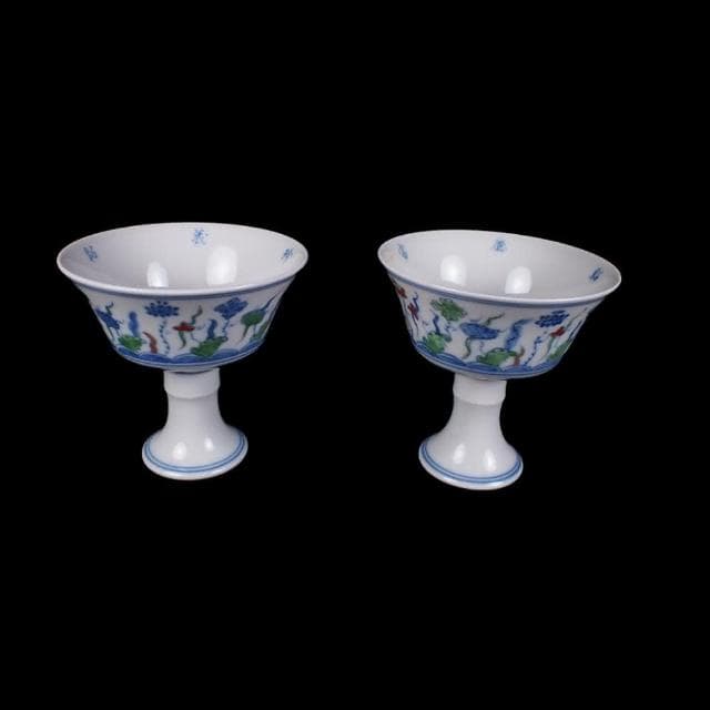 《博古珍藏》明成化 鬥彩斗彩海藻紋高足杯一對 紅胎 早期收藏 老件茶具瓷器 博物館級文物