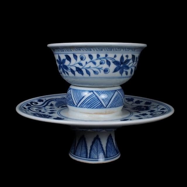 《博古珍藏》元至正 青花花卉紋盞托 早期收藏 老件文物 茶杯瓷器 國際拍賣級