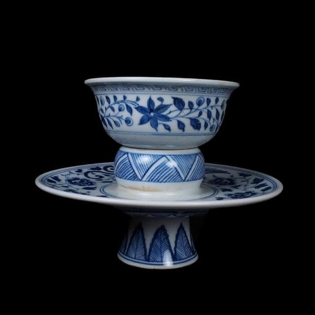 《博古珍藏》元至正 青花花卉紋盞托 早期收藏 老件文物 茶杯瓷器 國際拍賣級