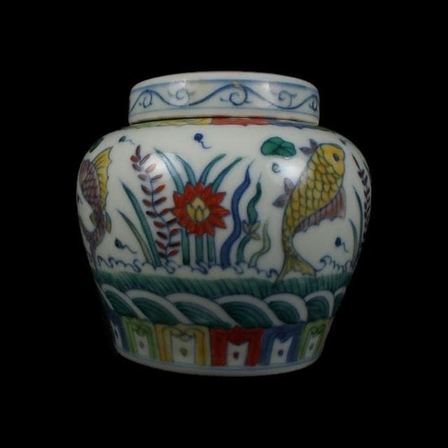 《博古珍藏》明成化 天字款 鬥彩斗彩魚藻紋蓋罐 早期收藏 老件瓷器 博物館級文物