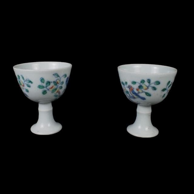 《博古珍藏》明成化 鬥彩斗彩花鳥紋高足杯一對 早期收藏 老件茶具瓷器 博物館級文物