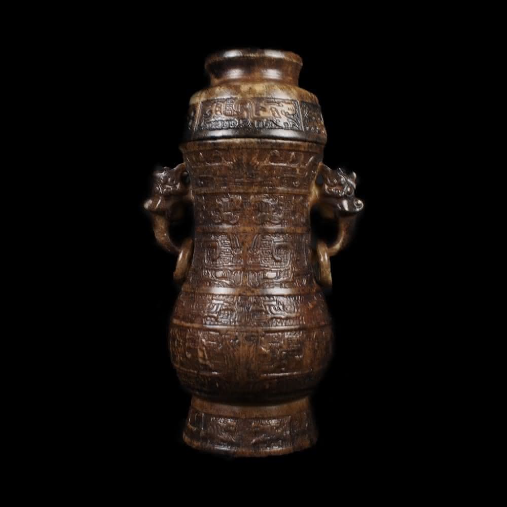 《博古珍藏》漢 天然青黃玉雕雙獸活環耳玉瓶擺件 2.26公斤 老件文物 早期收藏