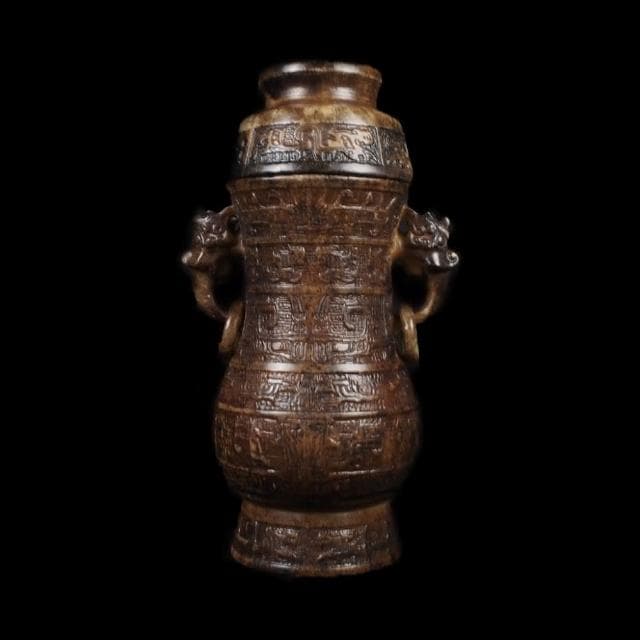 《博古珍藏》漢 天然青黃玉雕雙獸活環耳玉瓶擺件 2.26公斤 老件文物 早期收藏