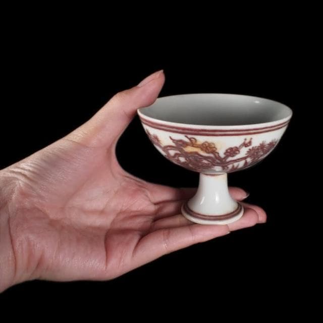 《博古珍藏》明成化 釉裡紅歲寒三友高足杯一對 早期收藏 老件文物 茶杯瓷器 國際拍賣級