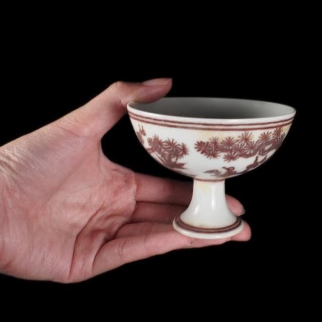 《博古珍藏》明成化 釉裡紅歲寒三友高足杯一對 早期收藏 老件文物 茶杯瓷器 國際拍賣級