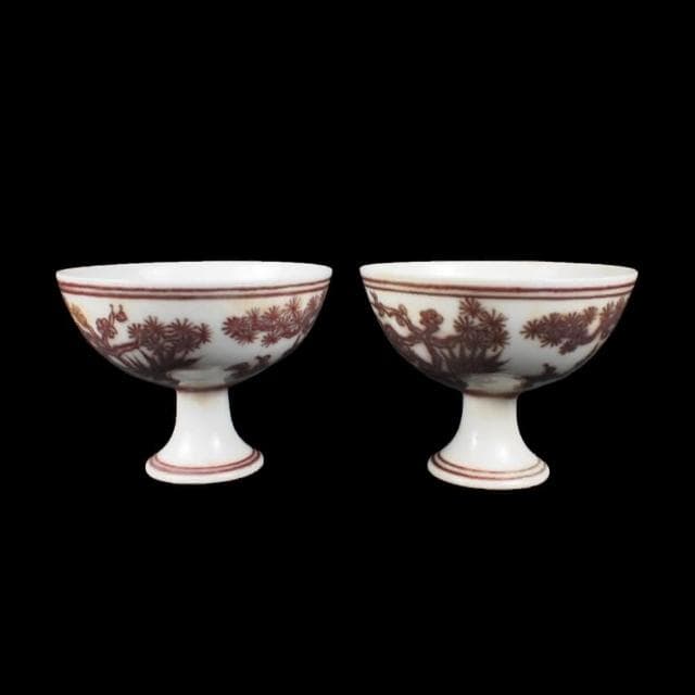 《博古珍藏》明成化 釉裡紅歲寒三友高足杯一對 早期收藏 老件文物 茶杯瓷器 國際拍賣級