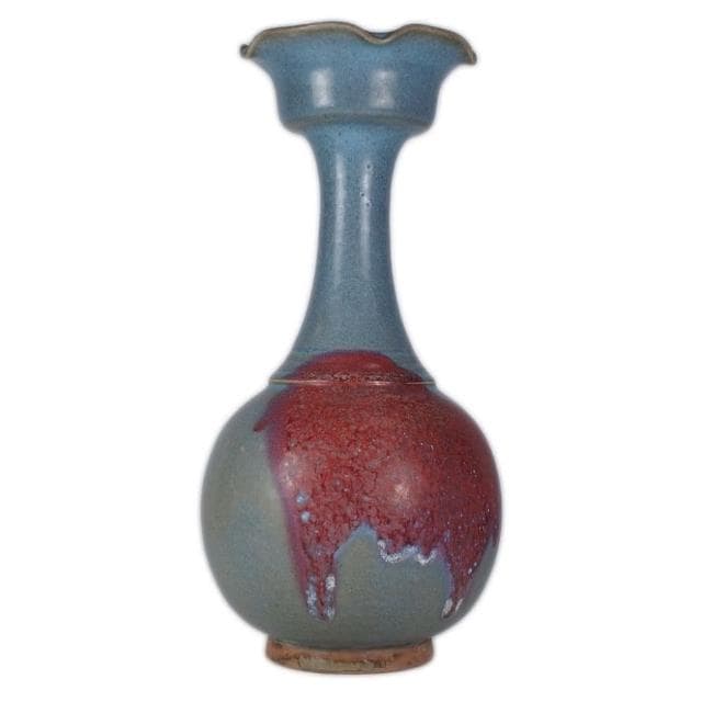 《博古珍藏》元 鈞窯天青釉紫斑花口瓶 早期收藏 老件花瓶瓷器