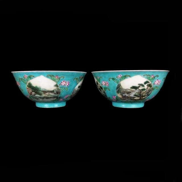 《博古珍藏》清雍正 松石綠釉粉彩開光山水圖碗一對 宮廷珍藏 老件文物瓷器