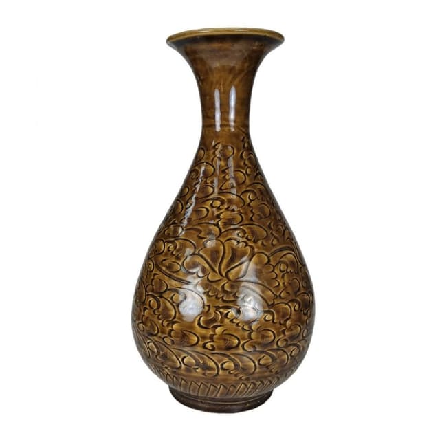 《博古珍藏》宋 吉州窯黃釉刻花卉紋玉壺春瓶 老件花瓶瓷器 早期收藏