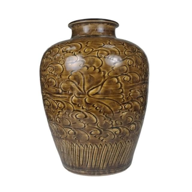 《博古珍藏》宋 吉州窯黃釉刻花卉紋梅瓶 花瓶瓷器 早期收藏