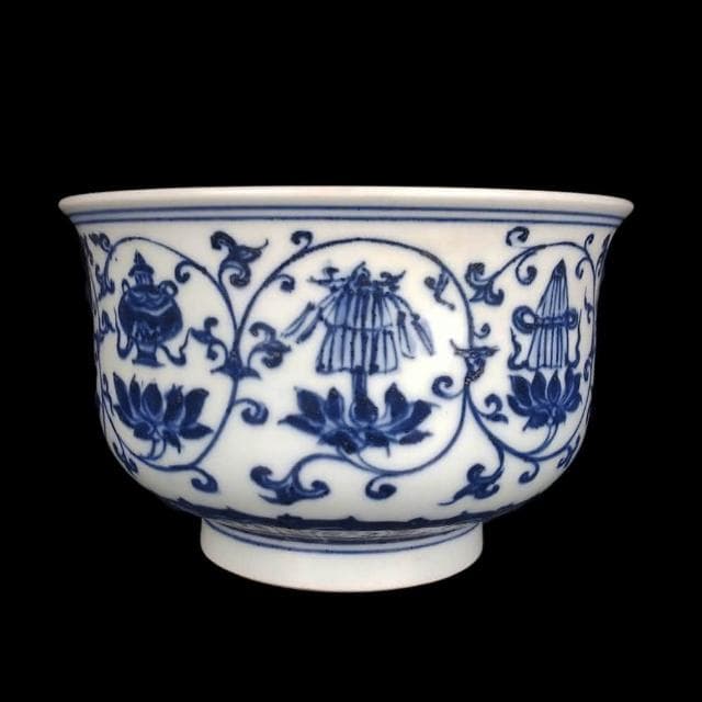 《博古珍藏》明宣德 青花纏枝蓮托八吉祥紋碗 老件文物瓷器 早期收藏