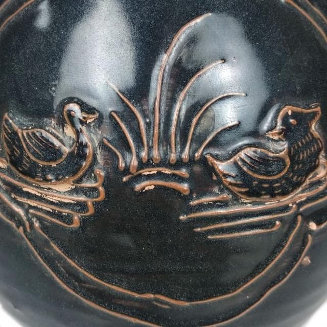 《博古珍藏》宋 吉州窯黑釉刻鴛鴦圖玉壺春瓶 花瓶瓷器 早期收藏