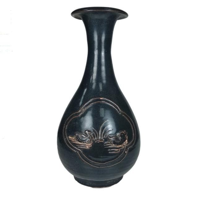 《博古珍藏》宋 吉州窯黑釉刻鴛鴦圖玉壺春瓶 花瓶瓷器 早期收藏