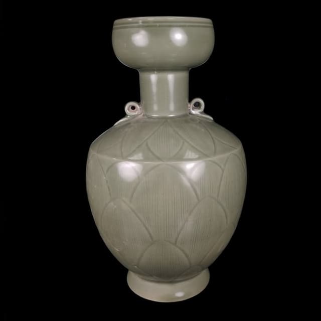 《博古珍藏》五代 越窯秘色瓷刻蓮花紋雙系瓶 早期收藏 花瓶瓷器