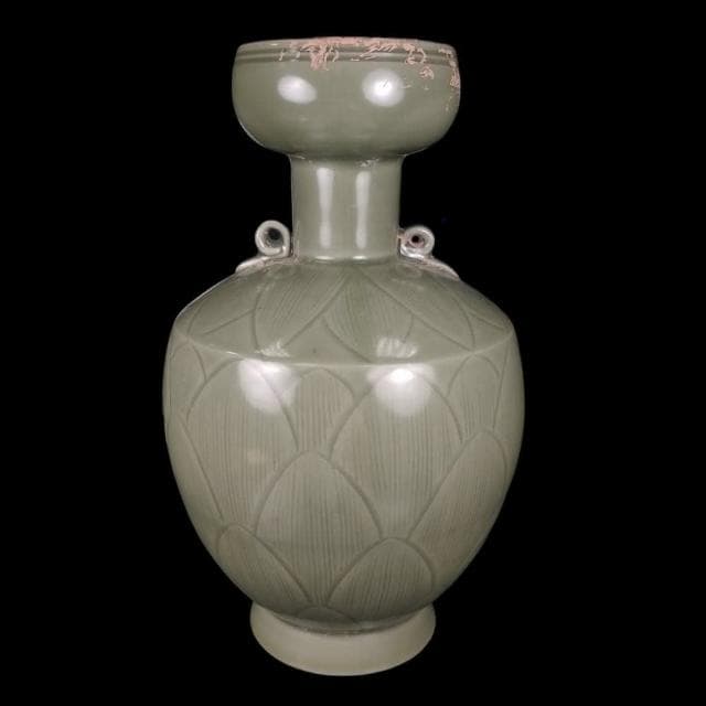 《博古珍藏》五代 越窯秘色瓷刻蓮花紋雙系瓶 早期收藏 花瓶瓷器