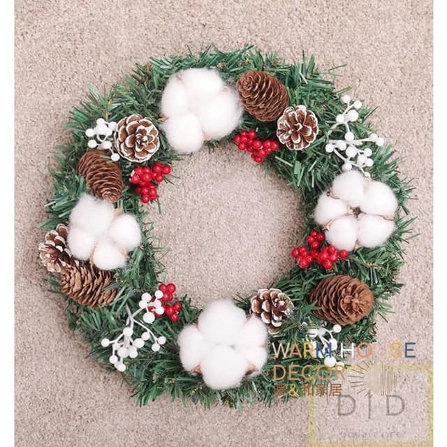 【Warm House Decor 暖和家居】聖誕花圈(松果花圈 聖誕節裝飾花環門掛 花圈 佈置 乾燥聖誕花圈 聖誕節 交換禮物 棉花乾燥藤圈 聖誕佈置)