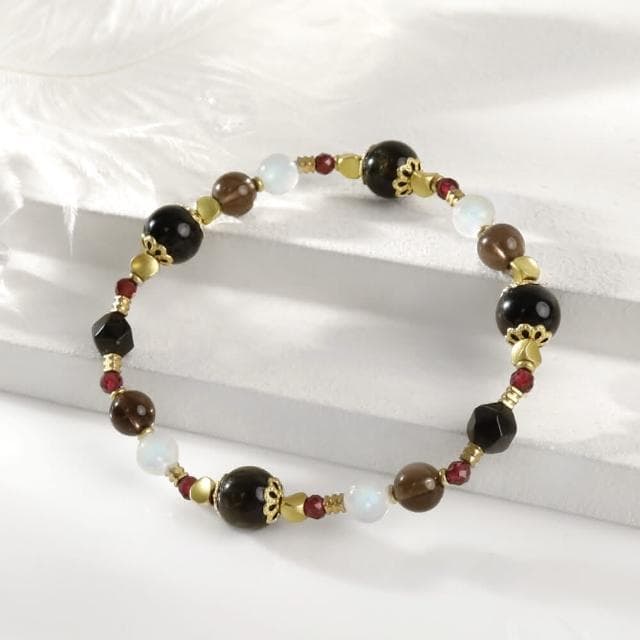 【月色真美】月色真美 輝夜姬-金運石黑曜石茶晶月光石手鍊(A113嚴選天然水晶 鑑定師把關)