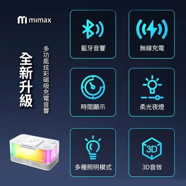 【mimax 米覓】mimax米覓 五合一多功能炫彩磁吸充電音響 桌面音響 時鐘顯示 磁吸充電 藍芽音響 無線充電 氣氛燈