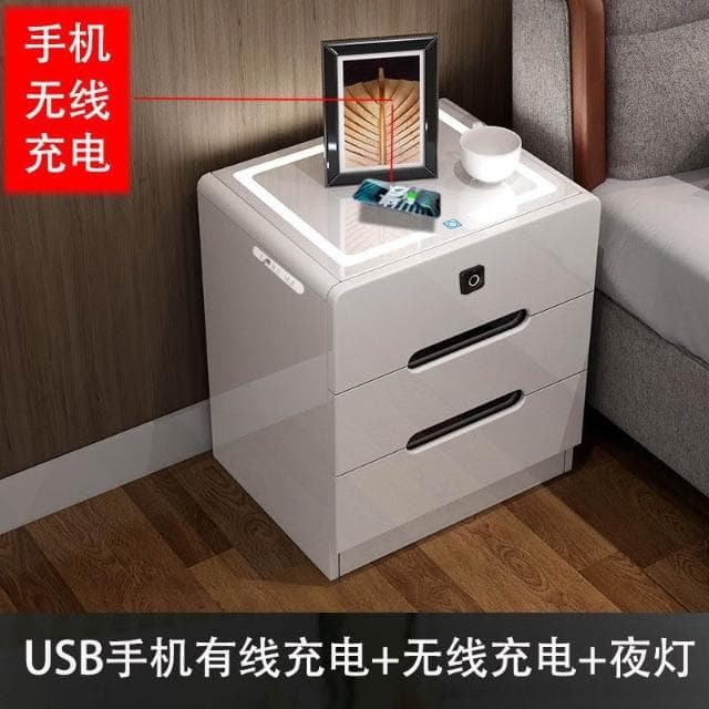 智能帶燈床頭櫃輕奢現代簡約臥室床邊小櫃網紅白色藍牙音響指紋鎖