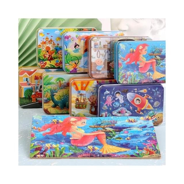 隔日到貨🌈60片兒童益智拼圖 木製鐵盒拼圖 卡通拼圖益智玩具 幼稚園生日分享禮物 美人魚 動物恐龍 交通工具 童話故事
