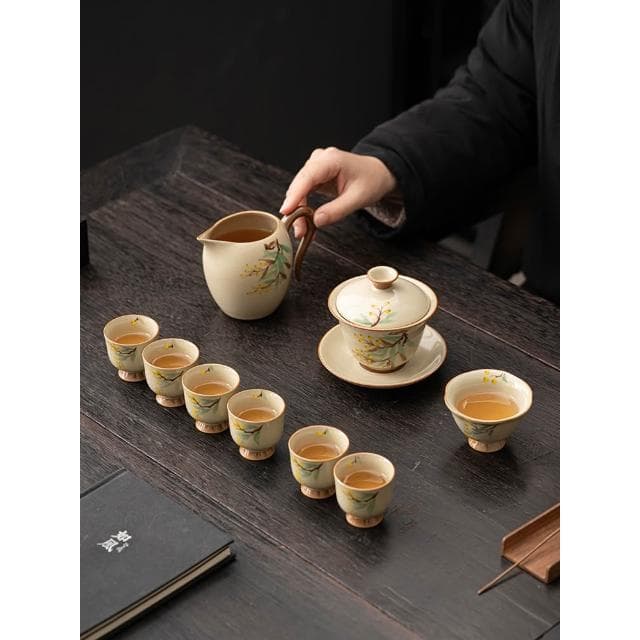 汝窯茶具套裝中式手繪枇杷高檔蓋碗茶杯送領導長輩禮盒裝