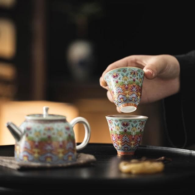 999鎏銀琺瑯彩功夫茶具套裝 泡茶壺一壺二杯禮盒裝 送領導長輩禮物
