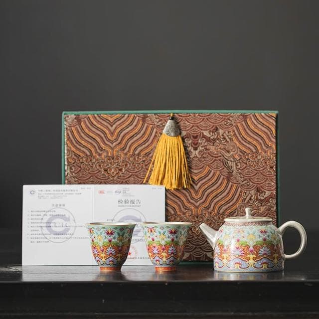 999鎏銀琺瑯彩功夫茶具套裝 泡茶壺一壺二杯禮盒裝 送領導長輩禮物