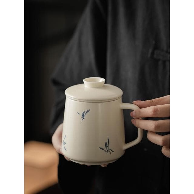草木灰蝴蝶蘭辦公杯 馬克杯 帶蓋陶瓷茶水分離杯 送長輩客戶禮品定制