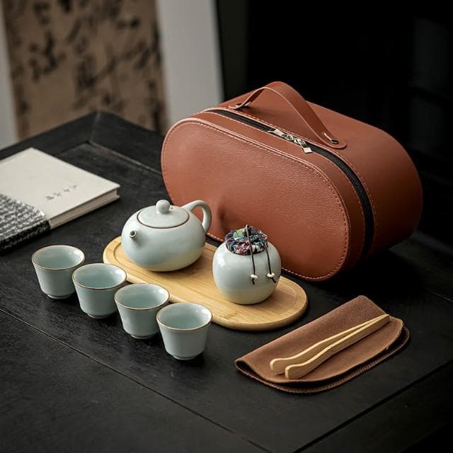 汝窯功夫茶具套裝茶壺茶杯可攜式旅行茶具帶茶盤茶葉罐商務伴手禮