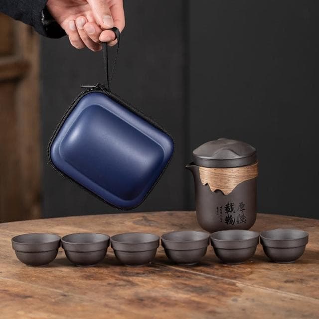 小慕Kogure 茶具套裝便攜式茶水分離 戶外泡茶組 茶具套裝便攜包 紫砂陶瓷一壺六杯防燙 旅行茶具組便攜收納 輕巧隨性 茶具組 茶杯