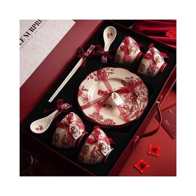 小慕Kogure 碗筷套裝 高檔碗碟餐具陶瓷 新婚禮物送新娘紅色碗盤筷套裝 喬遷新居結婚禮盒