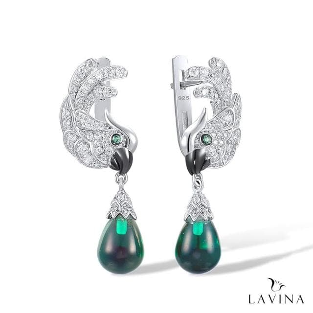 【Lavina 菈薇娜】LAVINA野性之魅系列-銀色鸚鵡綠寶石輕奢垂墜925銀耳飾