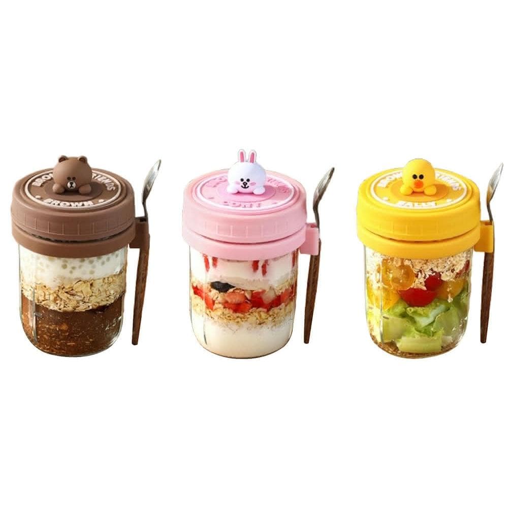 【LINE FRIENDS】DIY隔夜燕麥優格杯+勺子  (正版授權 熊大 莎莉 兔兔 早餐杯 牛奶杯 奶茶杯 玻璃水杯 女生 夏季 大容量 杯子 大肚杯 玻璃杯 飲料杯 辦公小物 早餐優格 餐廚 送禮 生日禮物 交換禮物 聖誕禮物)