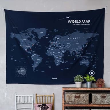 【Umade】世界地圖掛布 海軍藍色 S/M 附磁鐵地標扣 牆壁裝飾 房間佈置 居家情境裝飾 情侶禮物 生日禮物