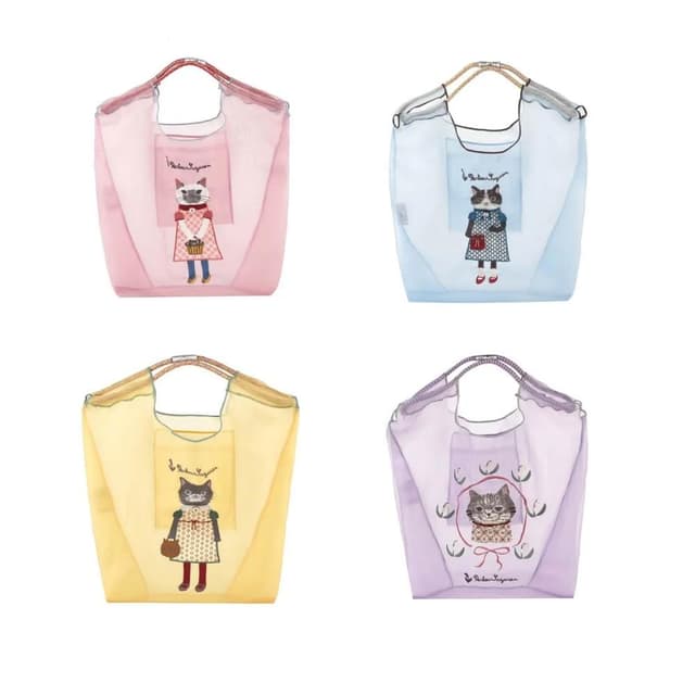 【kusuguru】貓咪刺繡雪紡手提袋系列-粉色/紫色/藍色/黃色(1入；透明感 肩背包 小物包 可愛 禮物 送禮)