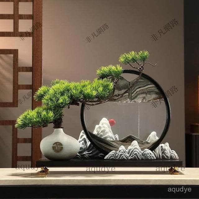 新中式流沙畫 迎客鬆 發財樹 招財擺飾 入厝禮物 客廳擺飾 喬遷禮品 玄關擺件 居傢裝飾 交換禮物