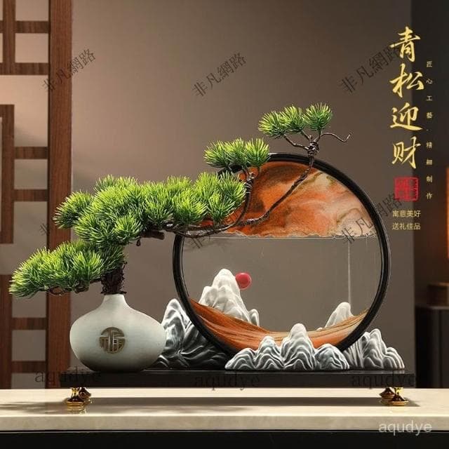新中式流沙畫 迎客鬆 發財樹 招財擺飾 入厝禮物 客廳擺飾 喬遷禮品 玄關擺件 居傢裝飾 交換禮物