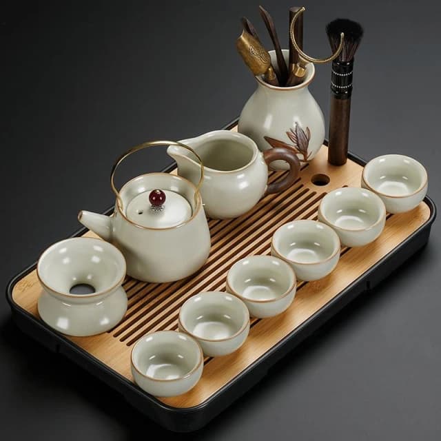汝窯功夫茶具 陶瓷茶壺 茶杯 茶盤 輕奢高級家用喝茶茶具套裝