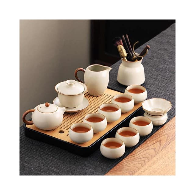 新款汝窯功夫茶具套裝 家用茶具 辦公室喝茶泡茶蓋碗茶壺茶杯子套裝 功夫茶套組
