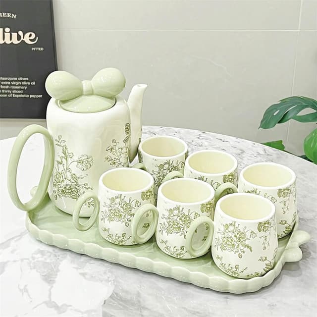 水壺套裝 奶油風陶瓷水杯套裝 家用客廳待客復古花朵水壺茶杯 喬遷結婚禮物茶杯