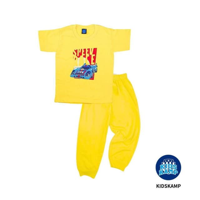 KidsKamp 兒童棉質印花睡衣套裝｜溫暖舒適家居服｜可愛童趣童裝 ｜兒童睡衣 ｜兒童節禮物 ｜畢業派對 ｜黃色賽車卡通睡衣
