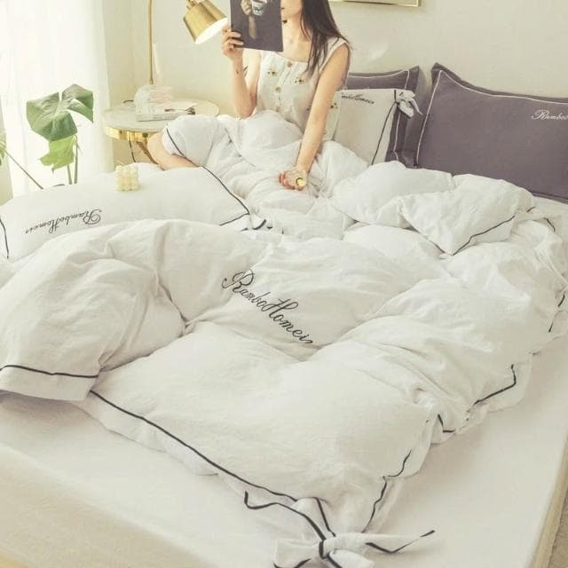 少女心蝴蝶結水洗棉四件套被罩超柔裸睡床品被套床單床笠四季通用