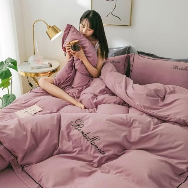 少女心蝴蝶結水洗棉四件套被罩超柔裸睡床品被套床單床笠四季通用